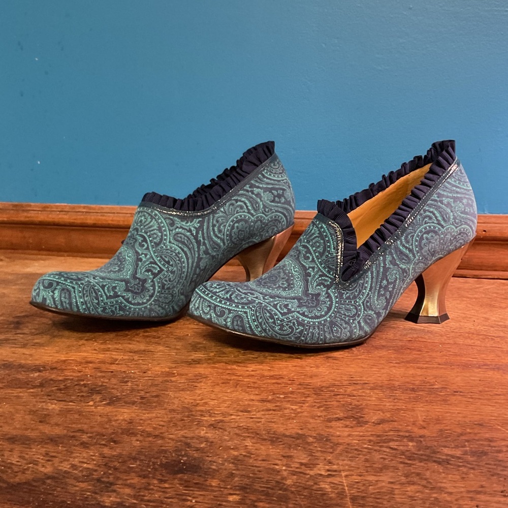 John Fluevog Bernini Baroque Ruffle Paisley Suede Pump